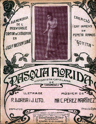 Portada de l'edició de la partitura a veu i piano de Pasqua Florida. Cuplets.cat. Arxiu del Grup de Recerca Folklòrica de la Garrotxa.