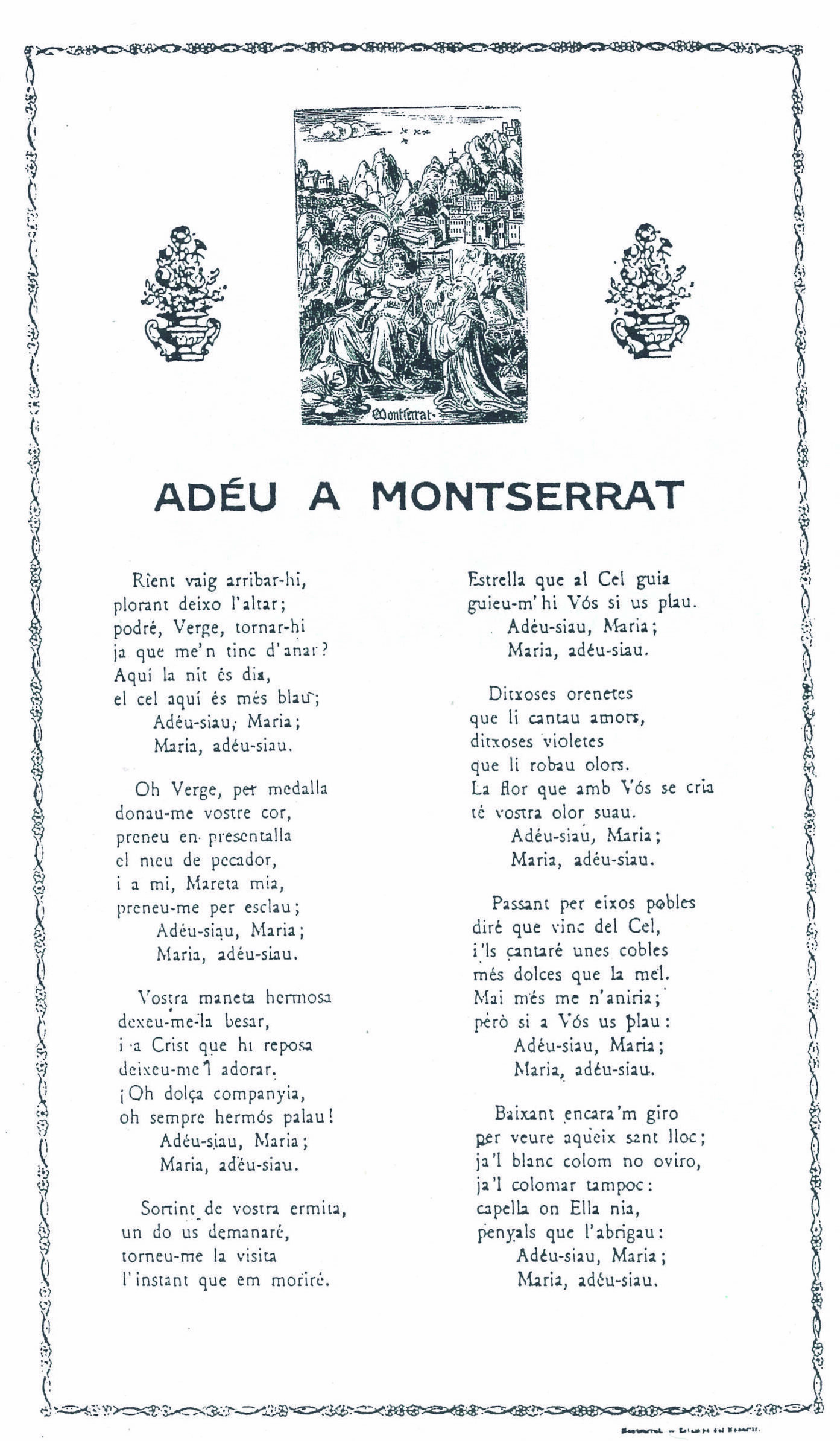 Làmina il·lustrada del poema en forma de goigs, Adéu de Montserrat, de Jacint Verdaguer, extret del llibre: Els goigs de Mossèn Cinto, de Joan Carreras i Péra.