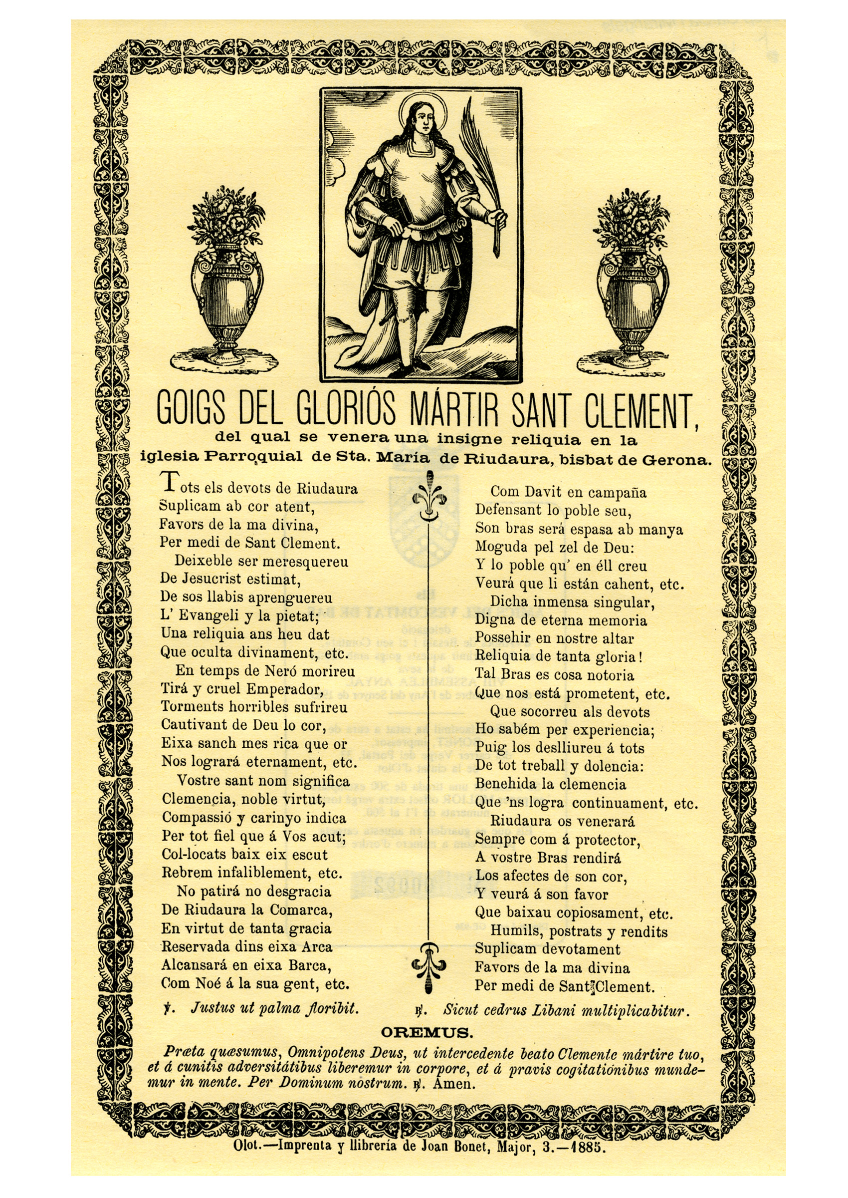 Impressió dels goigs de Sant Climent de Riudaura, en una edició de la Impremta Bonet d'Olot de l'any 1895. Arxiu del Grup de Recerca Folklòrica de la Garrotxa.