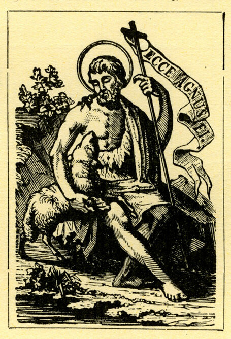 Il.lustraci&oacute; de Sant Joan Baptista extreta dels Goigs editats a Olot per la Impremta i Llibreria Bonet, l'any 1885. Arxiu del GRFG.