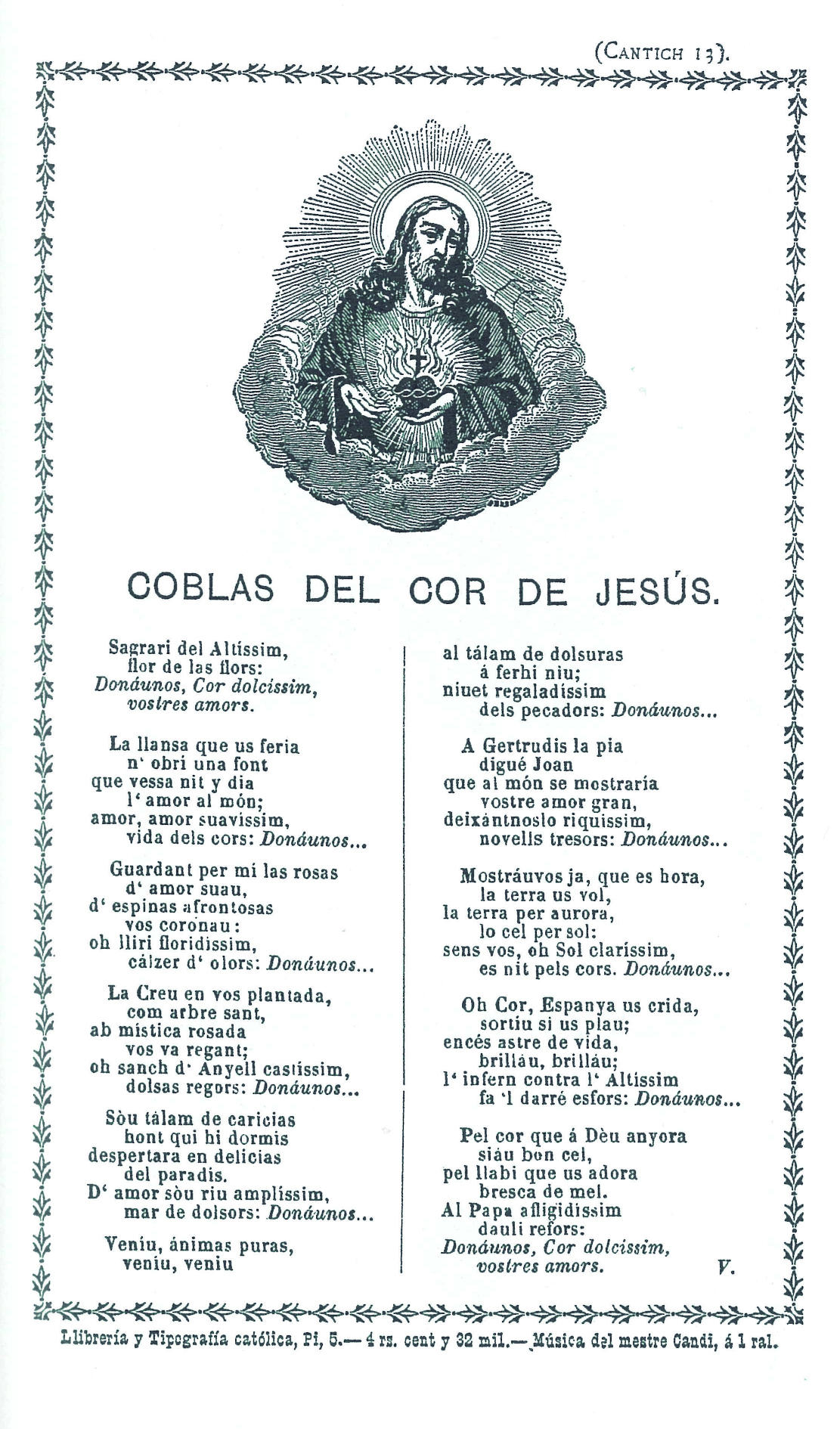 Cobles al Sagrat Cor de Jesús o Cobles del Cor de Jesús, en forma de goig, de Jacint Verdaguer. Làmina procedent del volum de Joan Carreras i Péra: Els goigs de Mossèn Cinto.