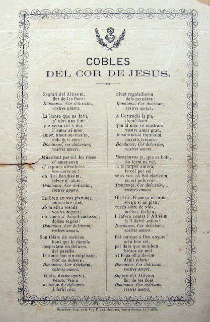 Cobles al Sagrat Cor de Jesús o Cobles del Cor de Jesús, en forma de goig, de Jacint Verdaguer. Làmina procedent del volum de Joan Carreras i Péra: Els goigs de Mossèn Cinto